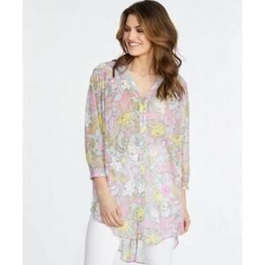 Badgley Mischka Top Womens 2X Aqua‎ Pink Cocoon Floral Printed Tunic Blouse